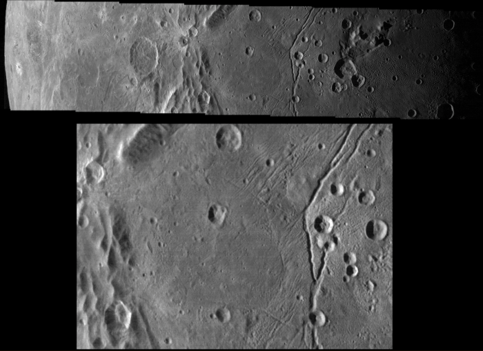 Mozaika przedstawiająca fragment powierzchni największego księżyca plutona - Charona, wykonana ze zdjęć zrobionych przez sondę New Horizons w dniu 14 lipca 2015 roku podczas najbliższego zbliżenia sondy do planety i księżyca. Najmniejsze szczegóły widoczne na powierzchni mają rozmiar 310 metrów. Na dolnym zdjęciu widoczne są obiekty o rozmiarach rzędu 200 metrów. Źródło: NASA/JHUAPL/SwRI